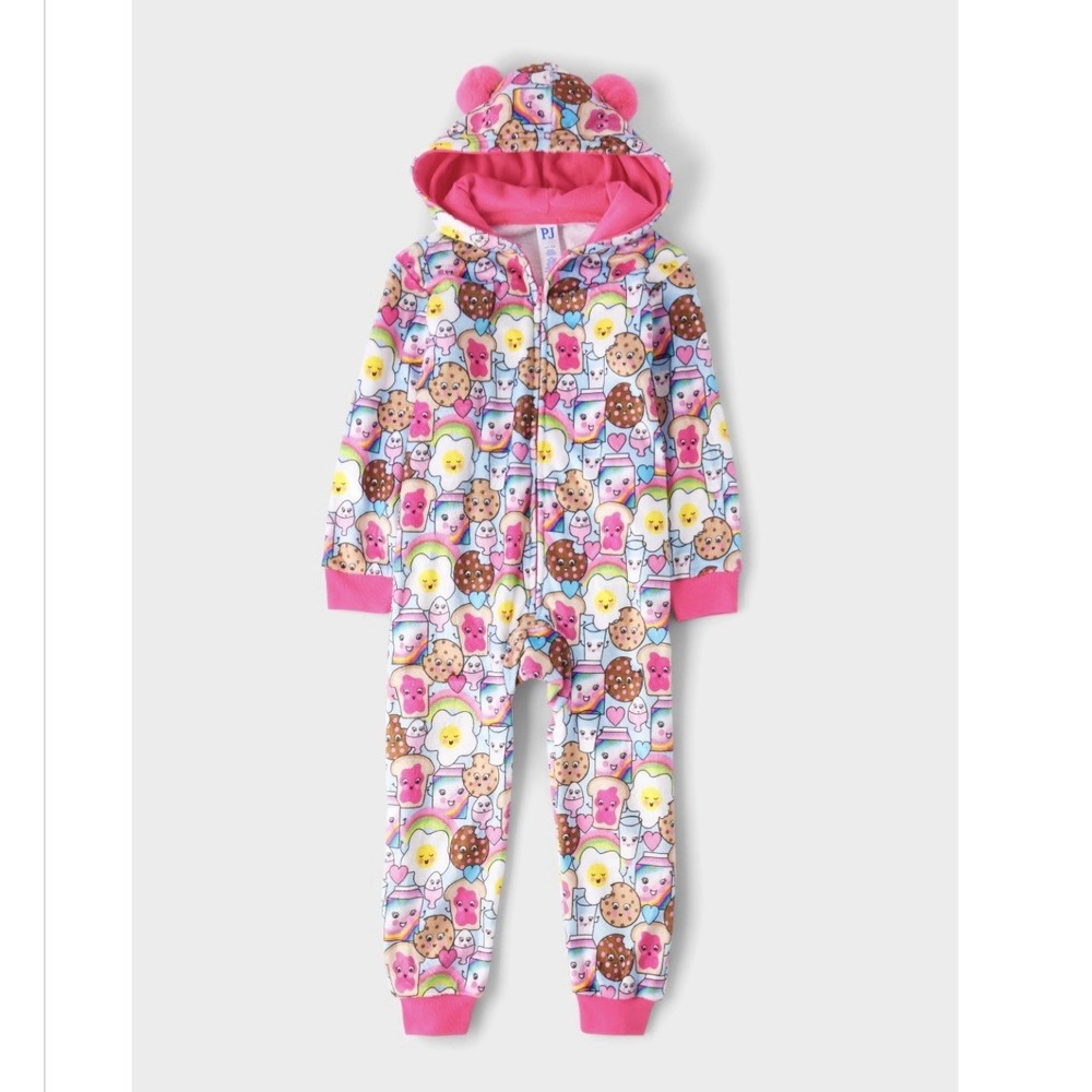 PJ Place Girls Plush Food Print Hooded One Piece Pajamas Size 5/6‎ Breakfast